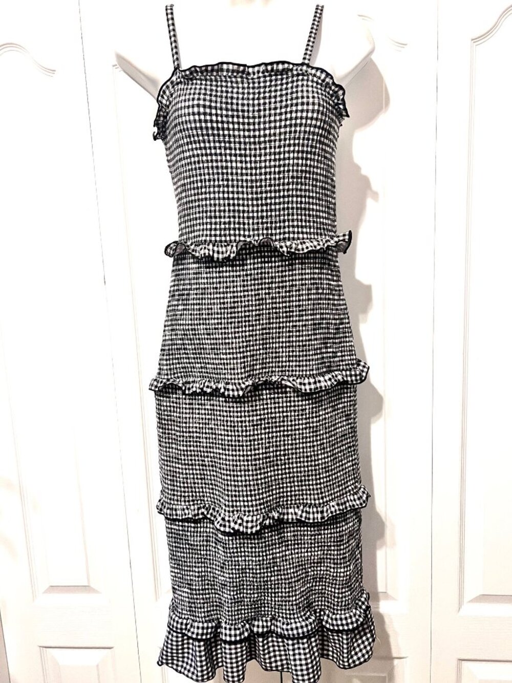 Summer Stretch Black & White Bodycon Ruffled Gingham Spaghetti strap Dress-S?